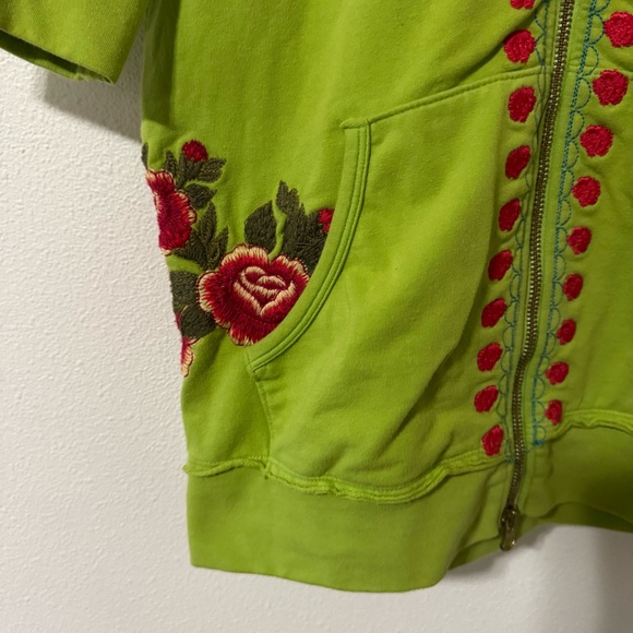 Johnny Was Embroidered Floral Half Sleeve Zipper Hoodie Lime Green Bohemian-S - Picture 4 of 9